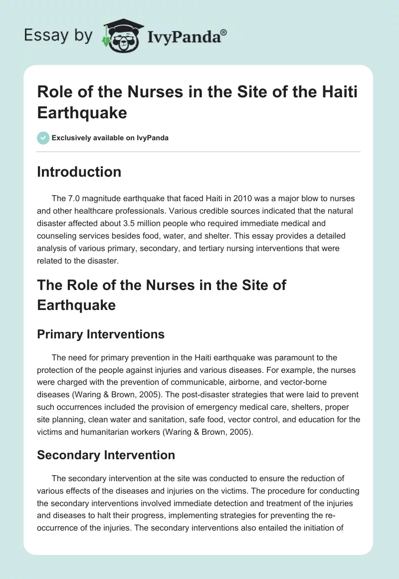 Role of the Nurses in the Site of the Haiti Earthquake. Page 1
