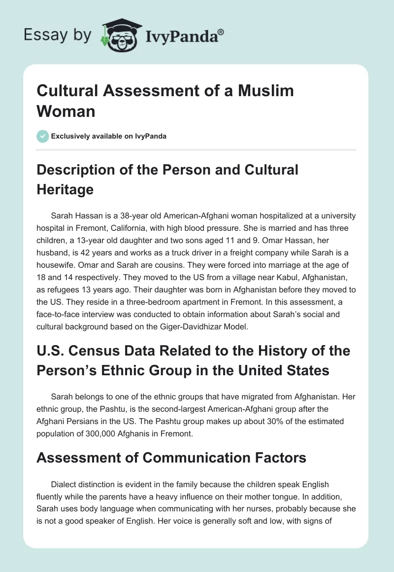 Cultural Assessment of a Muslim Woman. Page 1