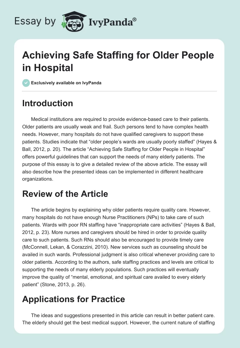 Achieving Safe Staffing for Older People in Hospital. Page 1