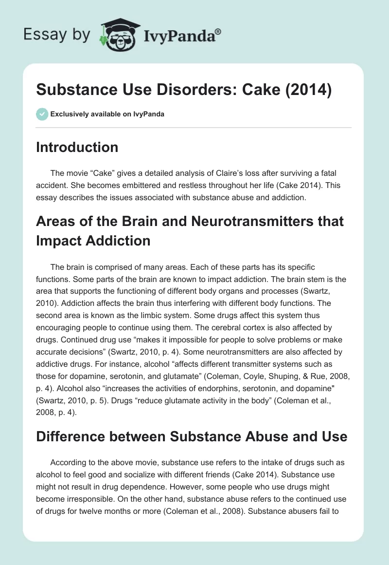 Substance Use Disorders: Cake (2014). Page 1