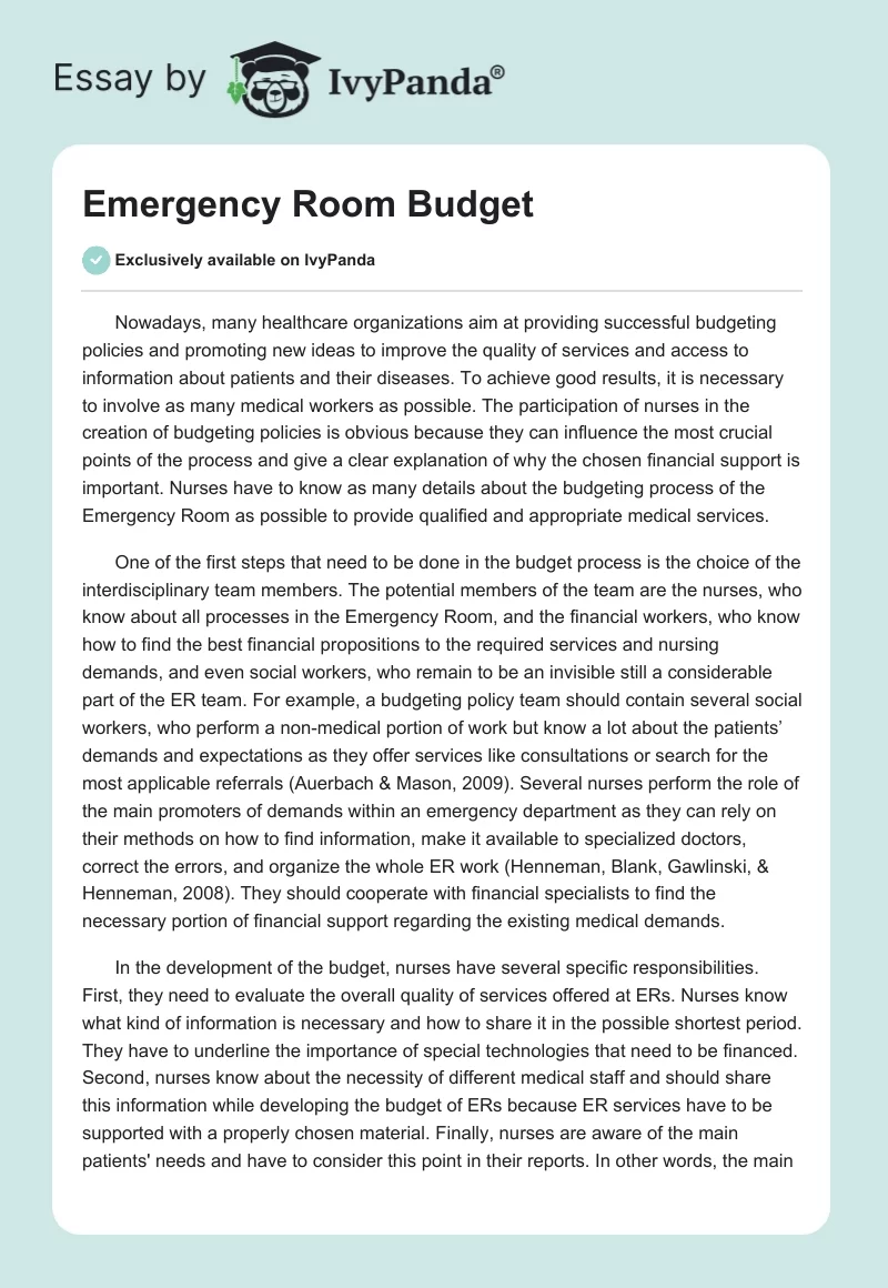 Emergency Room Budget. Page 1