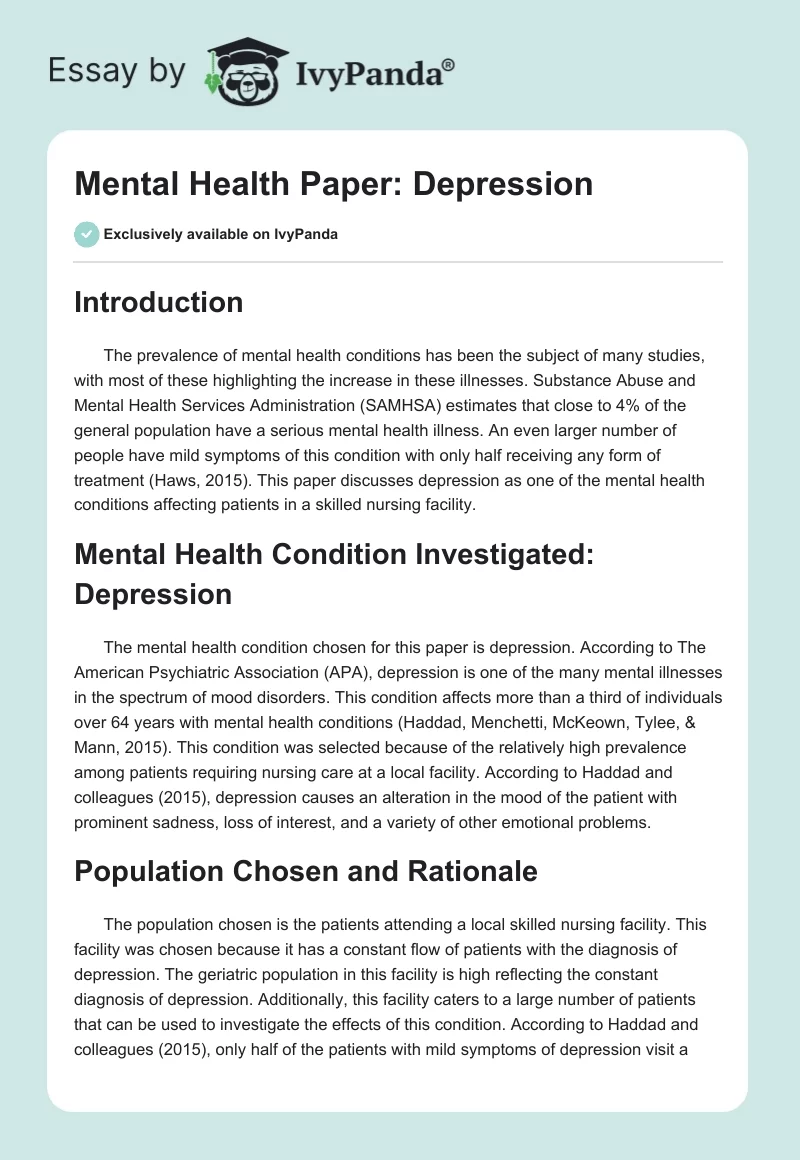 Mental Health Paper: Depression. Page 1