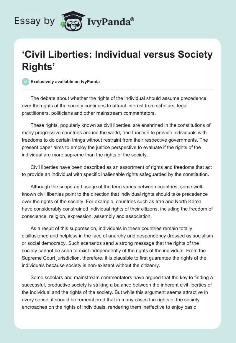 ‘Civil Liberties: Individual versus Society Rights’. Page 1