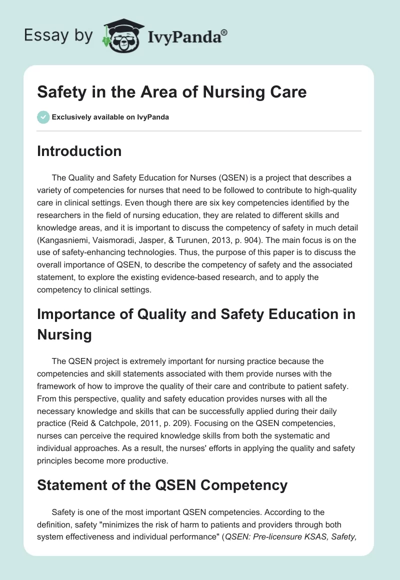 Safety in the Area of Nursing Care. Page 1