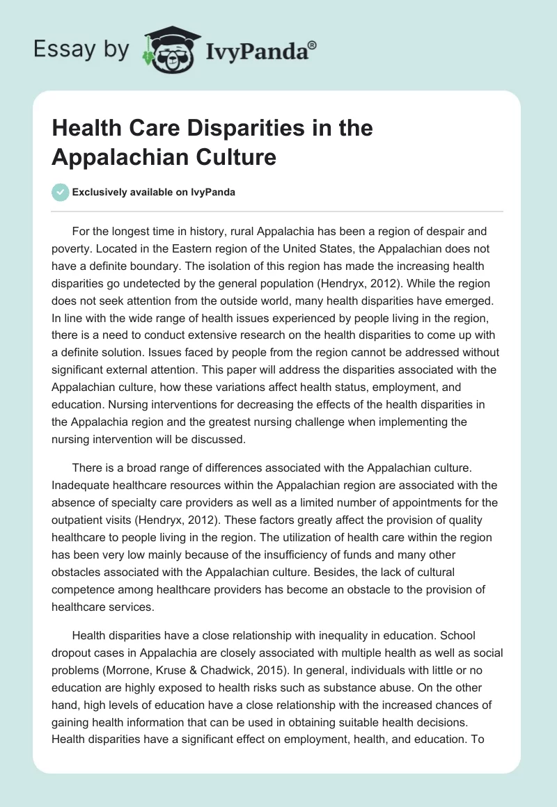 Health Care Disparities in the Appalachian Culture. Page 1