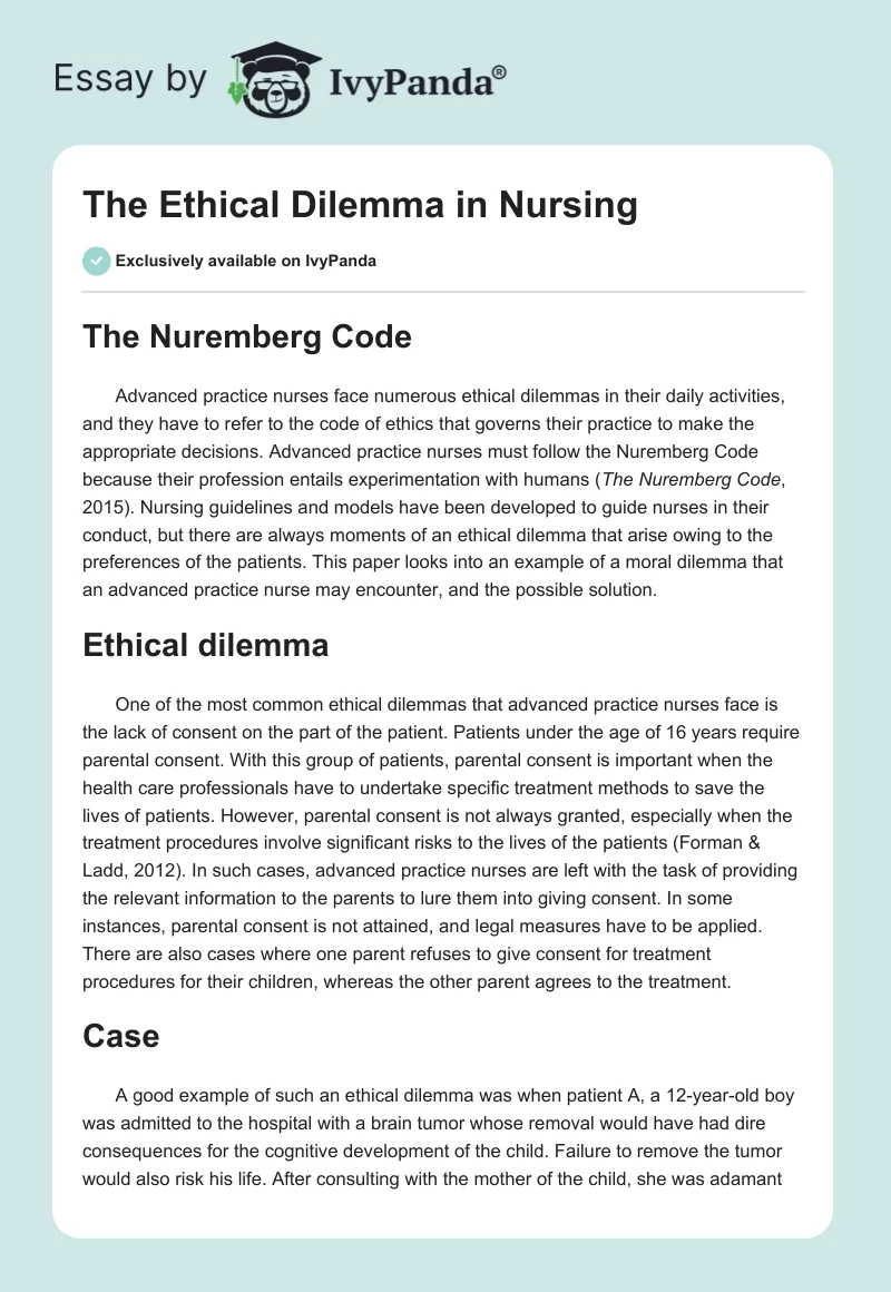 The Ethical Dilemma in Nursing. Page 1