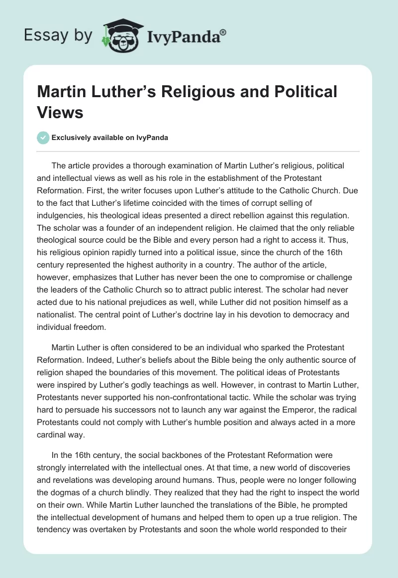Martin Luther’s Religious and Political Views. Page 1
