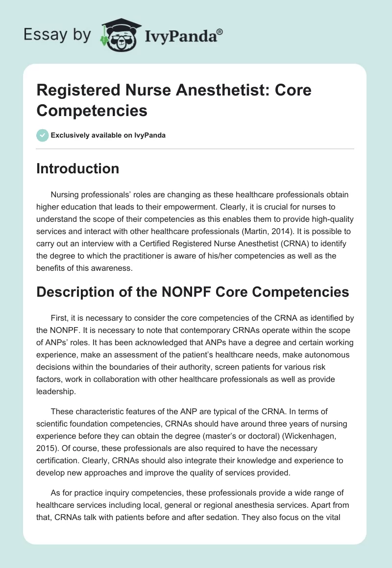 Registered Nurse Anesthetist: Core Competencies. Page 1