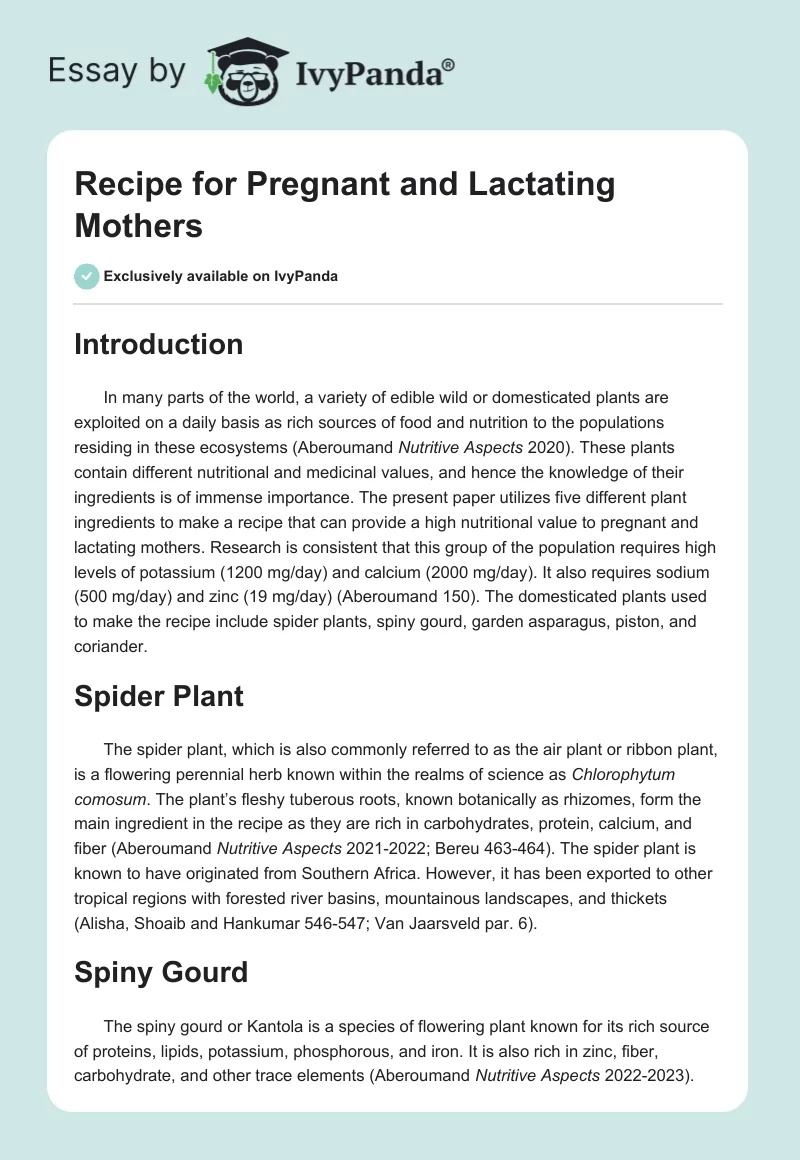 Recipe for Pregnant and Lactating Mothers. Page 1