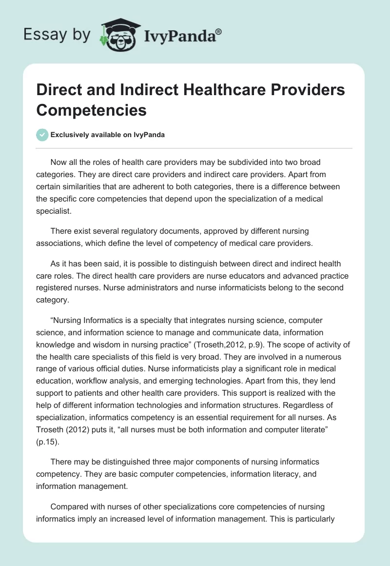 Direct and Indirect Healthcare Providers Competencies. Page 1