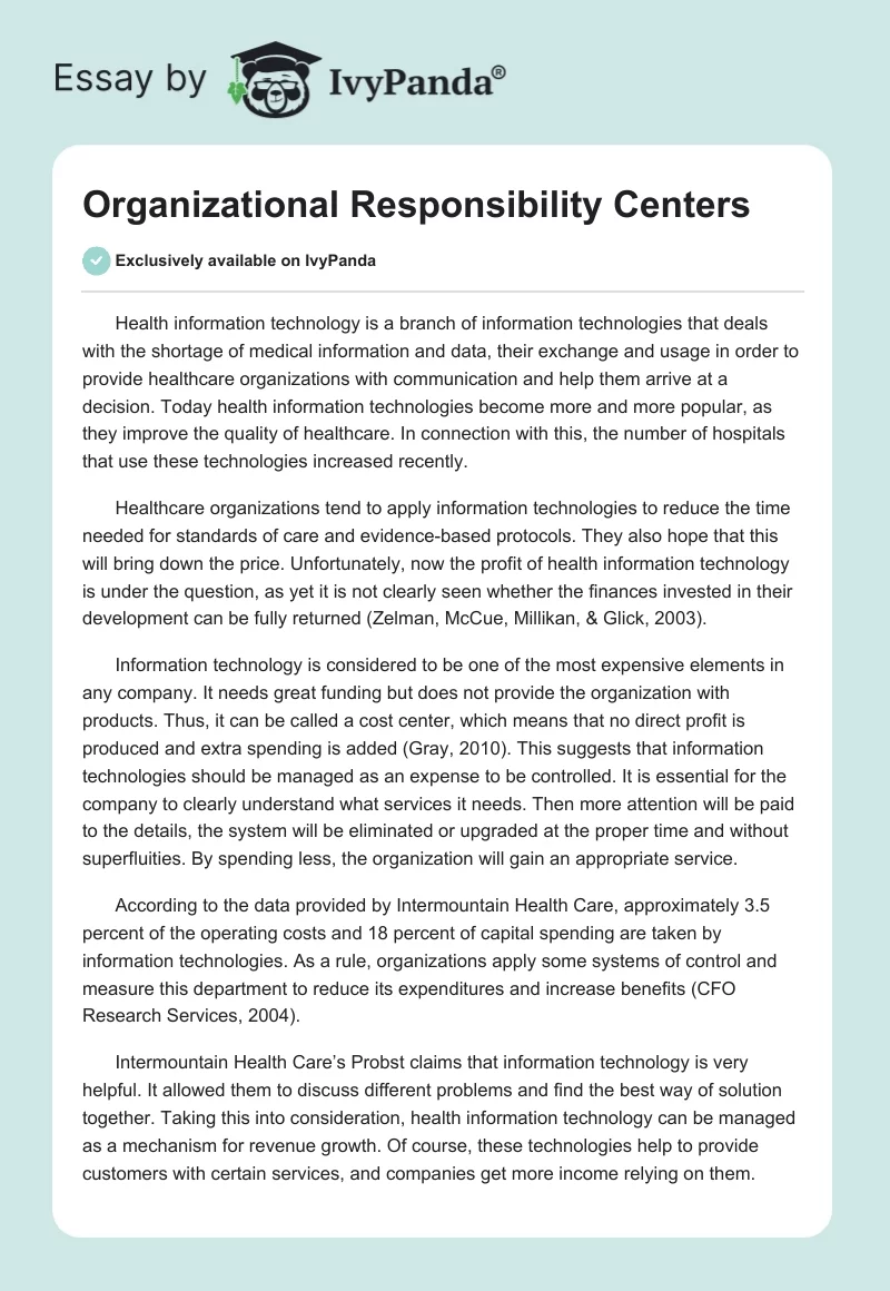 Organizational Responsibility Centers. Page 1