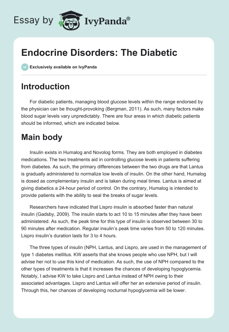 Endocrine Disorders: The Diabetic. Page 1