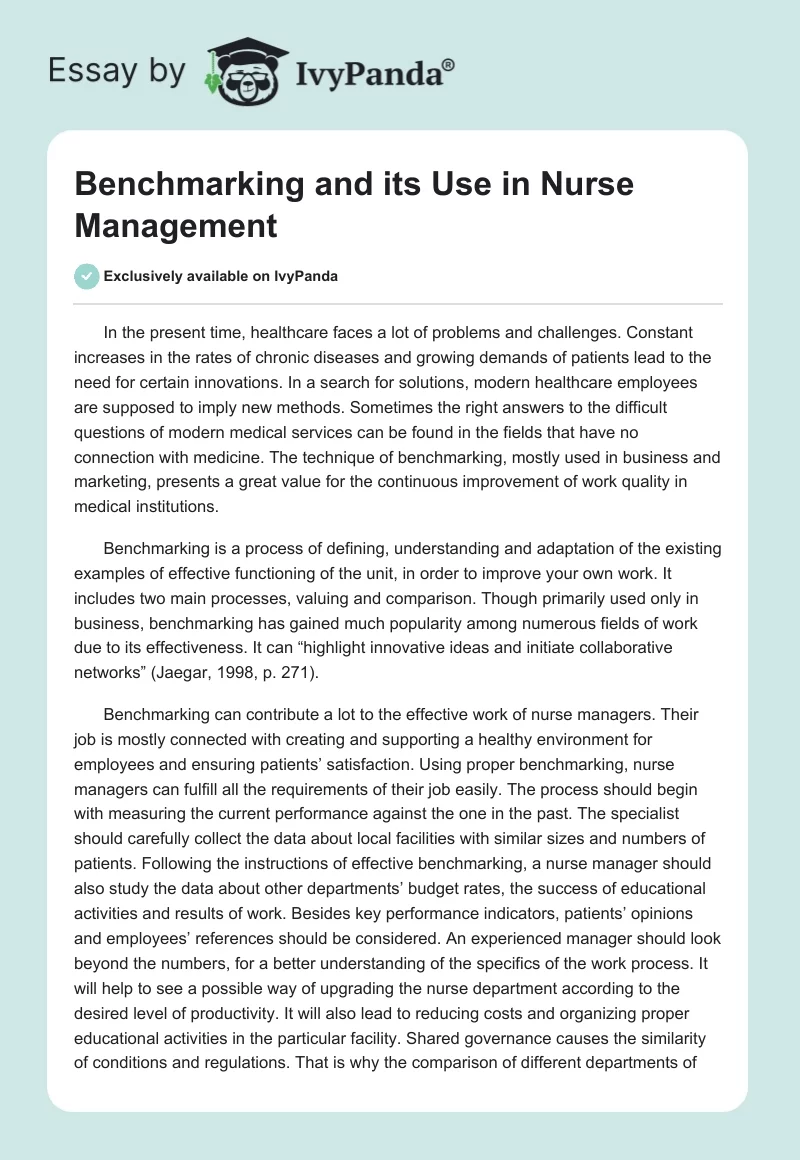 Benchmarking and its Use in Nurse Management. Page 1