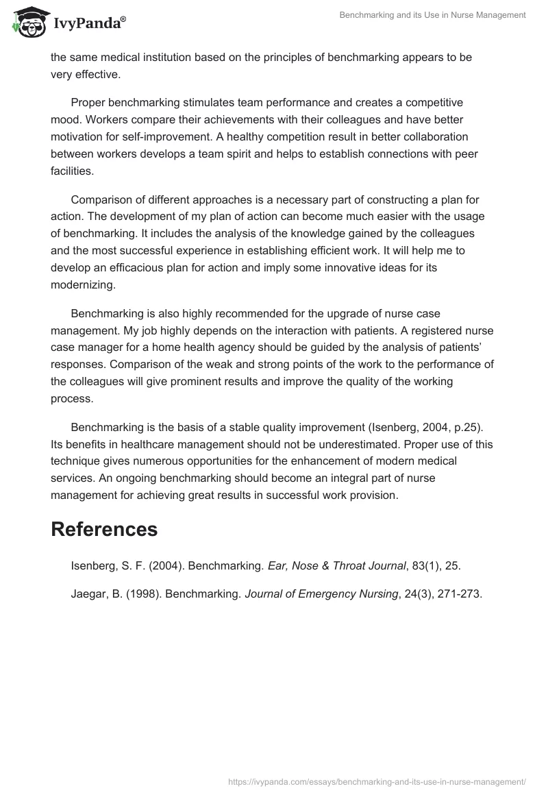 Benchmarking and its Use in Nurse Management. Page 2