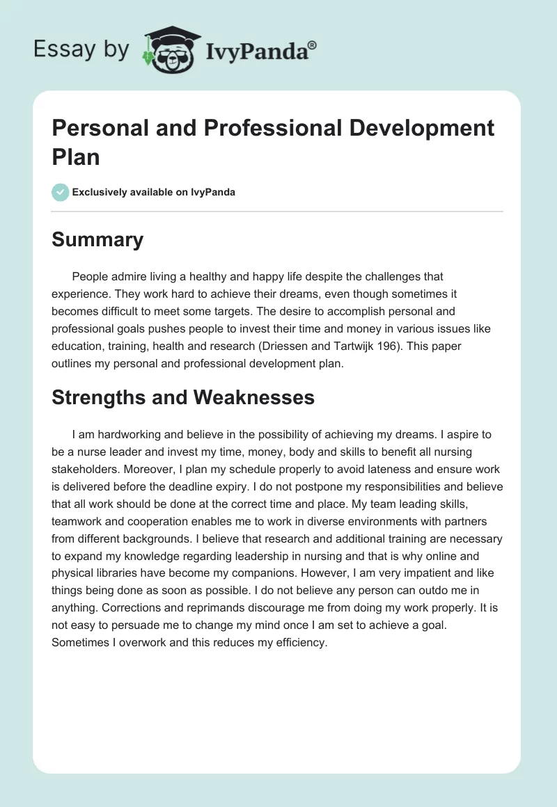 Personal and Professional Development Plan. Page 1