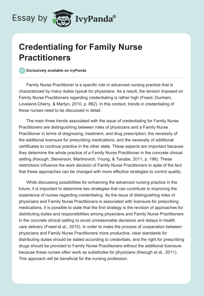 Credentialing for Family Nurse Practitioners. Page 1
