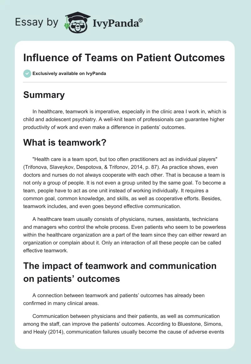 Influence of Teams on Patient Outcomes. Page 1