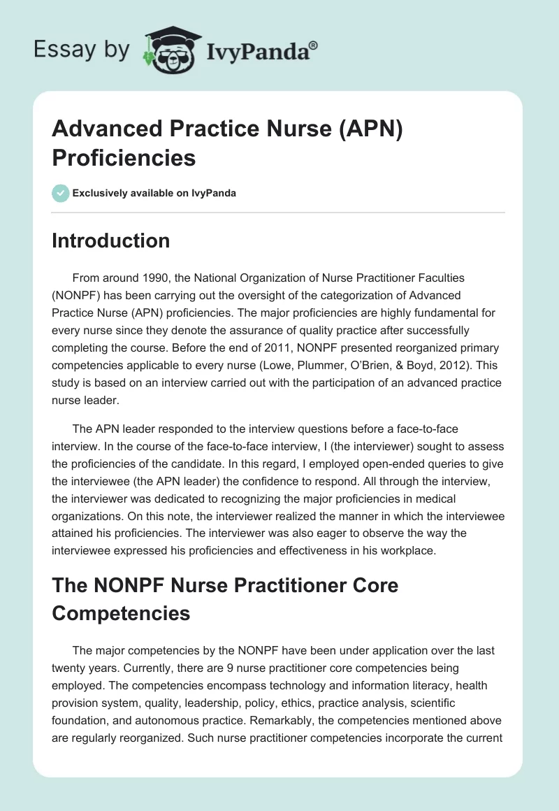Advanced Practice Nurse (APN) Proficiencies. Page 1