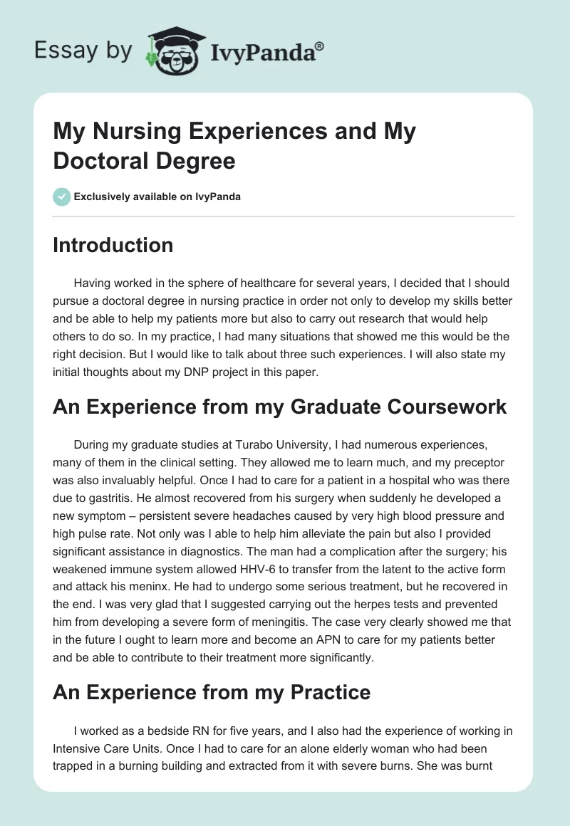 My Nursing Experiences and My Doctoral Degree. Page 1
