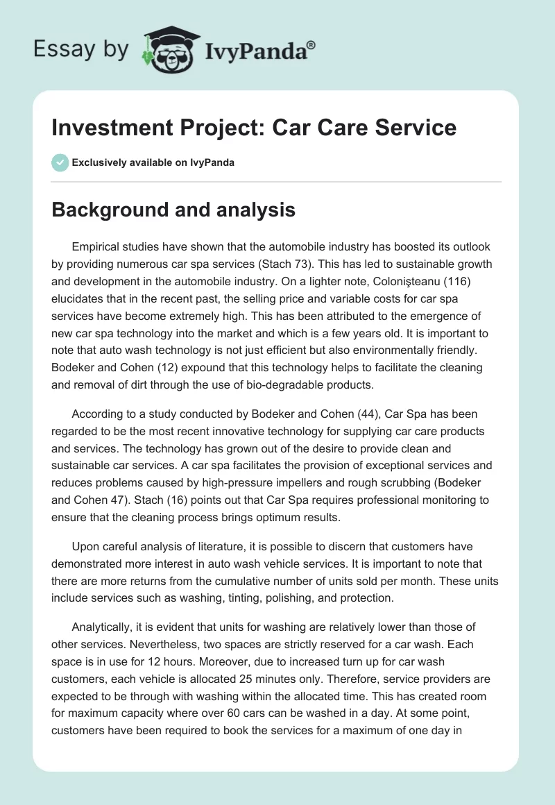 Investment Project: Car Care Service. Page 1