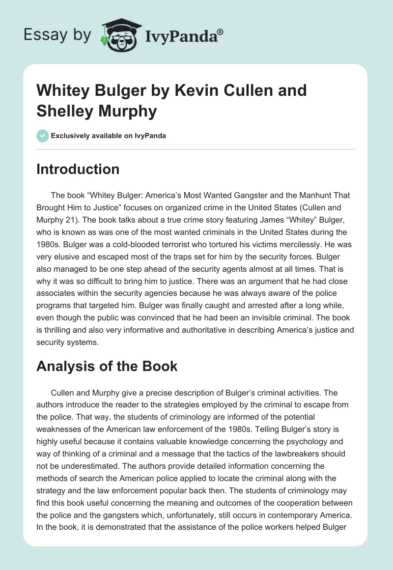 "Whitey Bulger" by Kevin Cullen and Shelley Murphy. Page 1