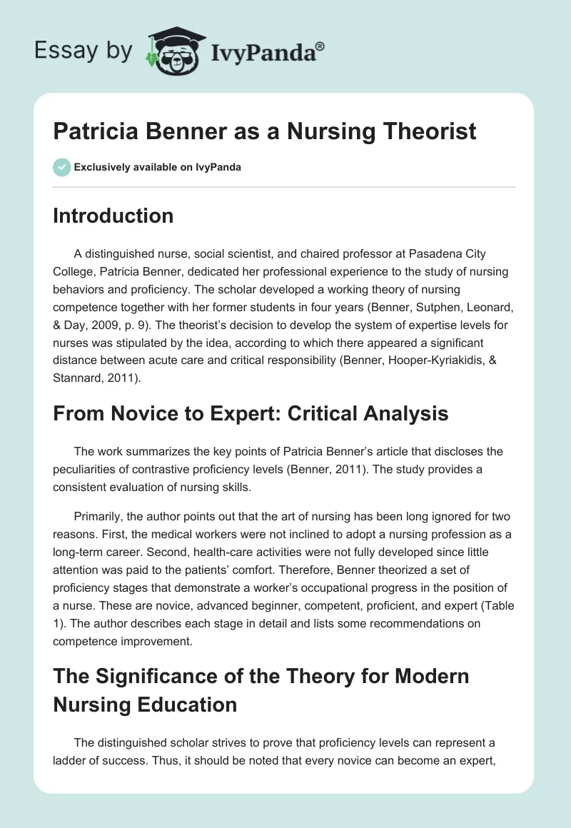 Patricia Benner as a Nursing Theorist. Page 1