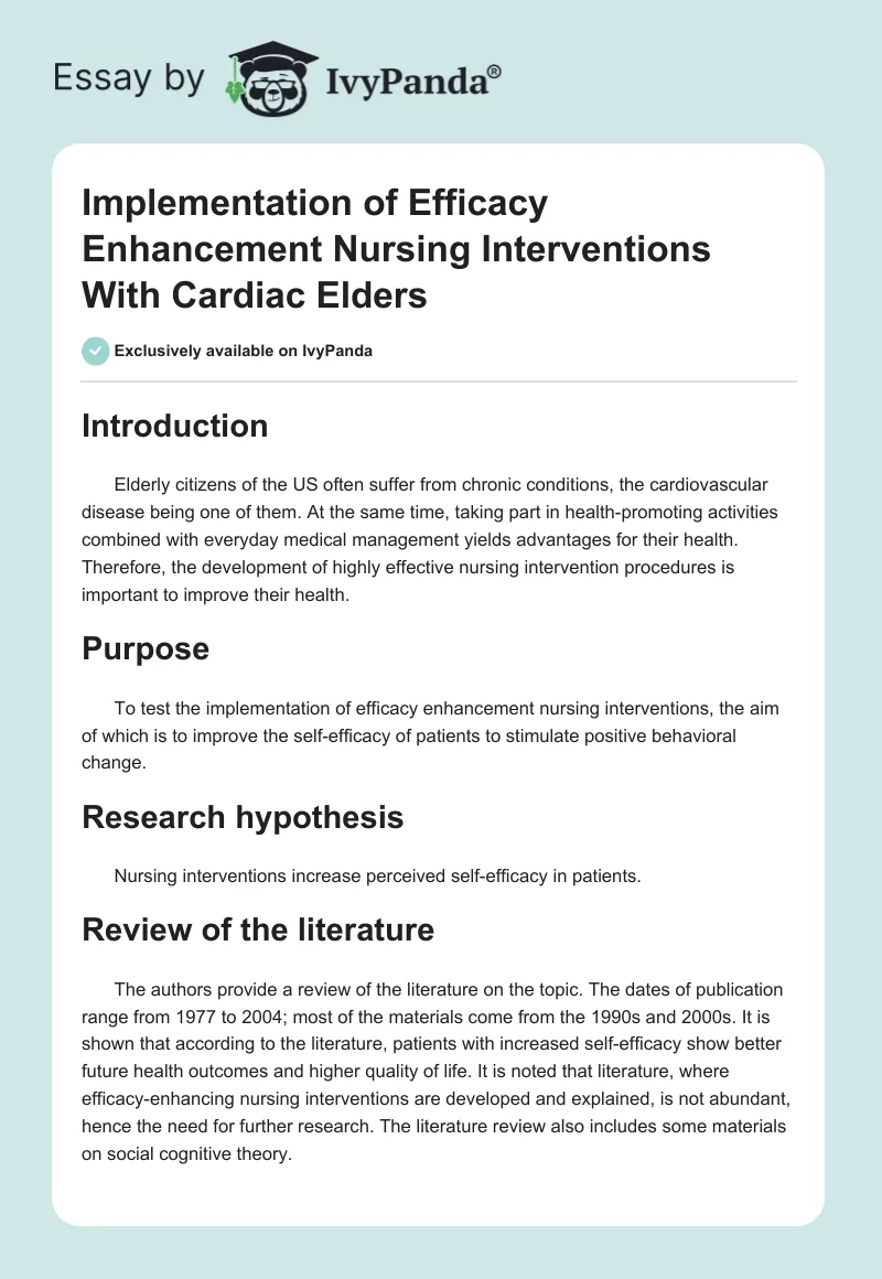 Implementation of Efficacy Enhancement Nursing Interventions With Cardiac Elders. Page 1