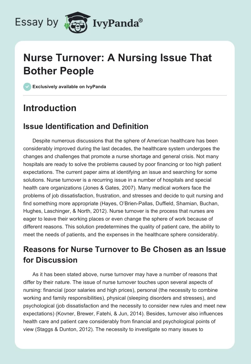 Nurse Turnover: A Nursing Issue That Bother People. Page 1