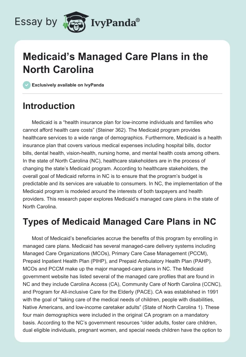 Medicaid’s Managed Care Plans in the North Carolina. Page 1
