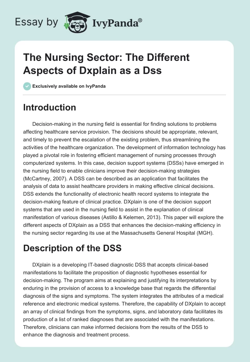 The Nursing Sector: The Different Aspects of Dxplain as a Dss. Page 1