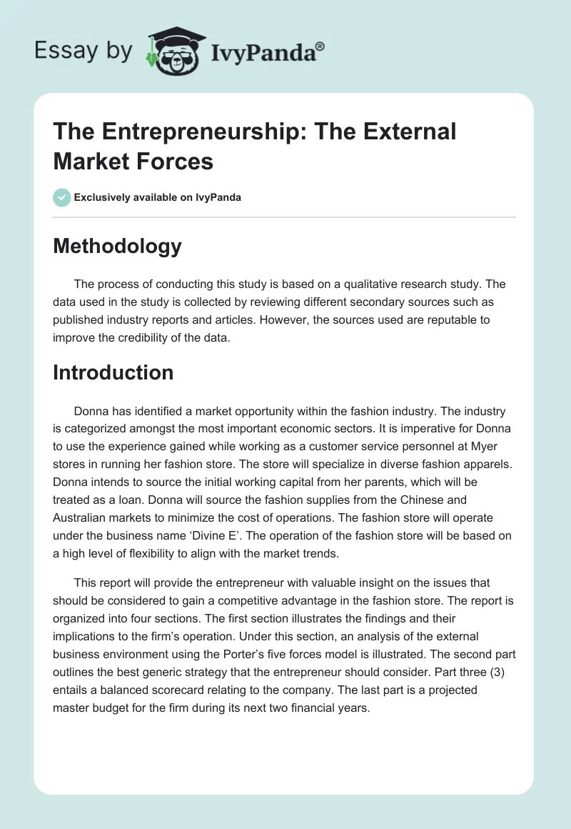 The Entrepreneurship: The External Market Forces. Page 1
