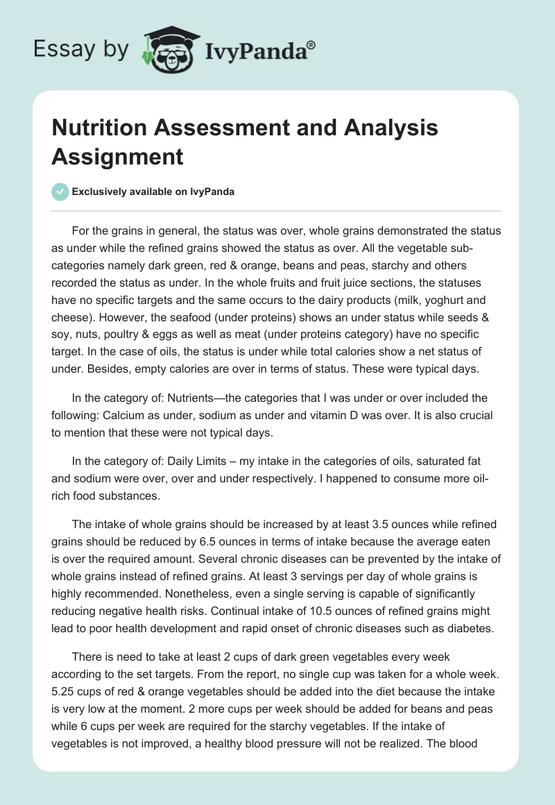 Nutrition Assessment and Analysis Assignment. Page 1