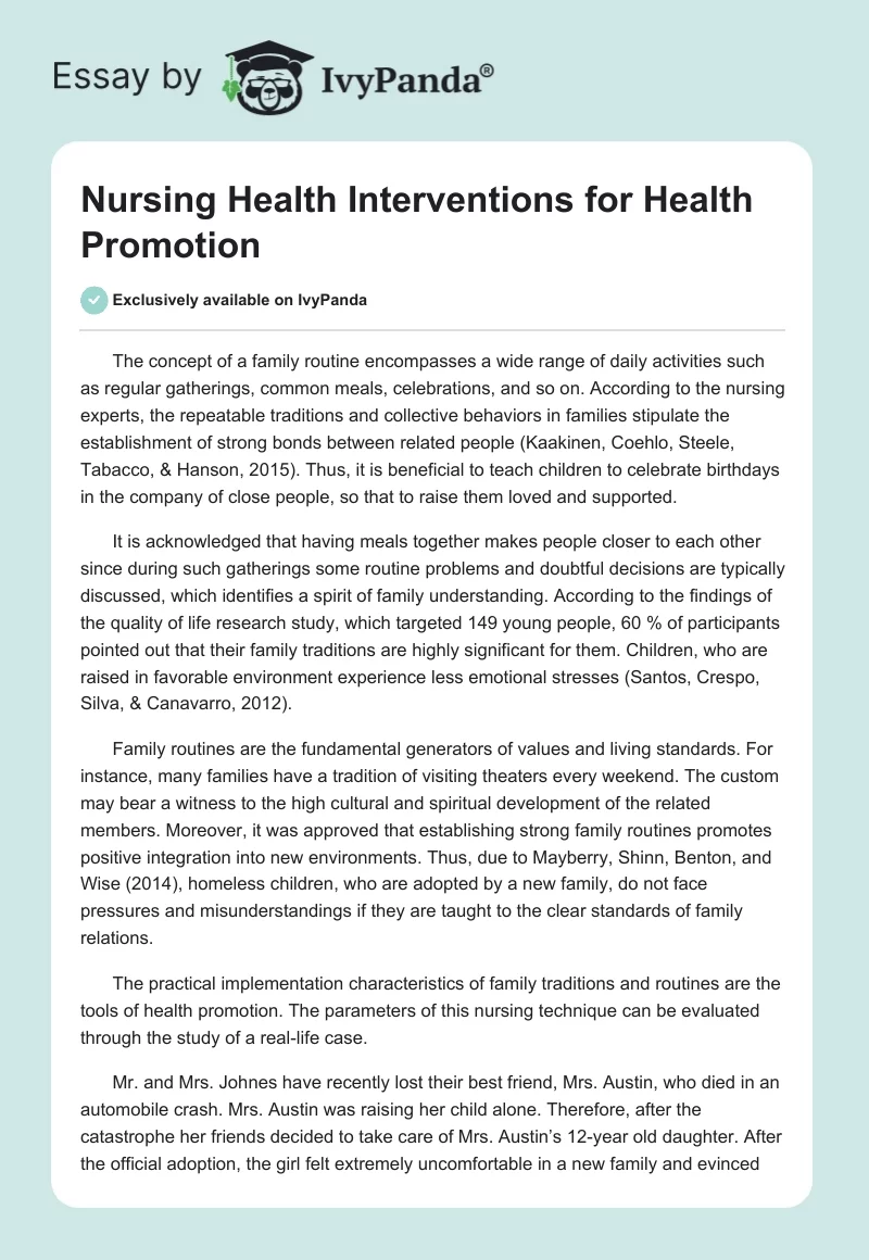 Nursing Health Interventions for Health Promotion. Page 1