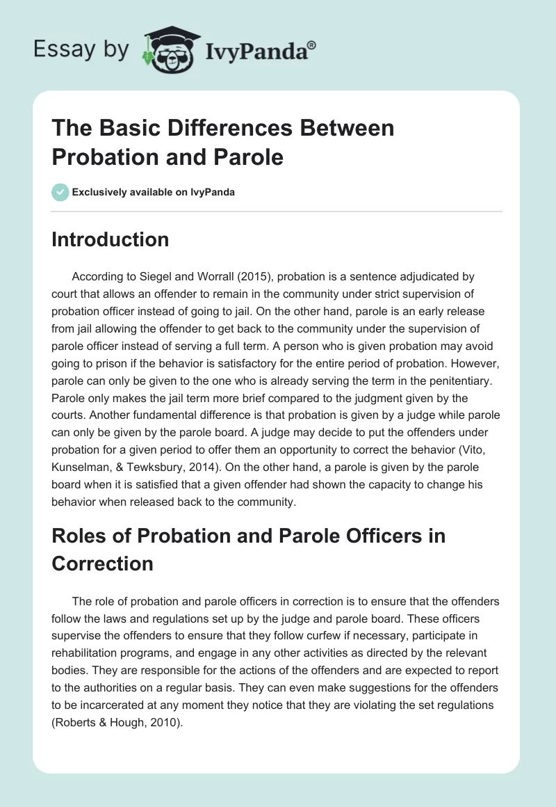The Basic Differences Between Probation and Parole. Page 1