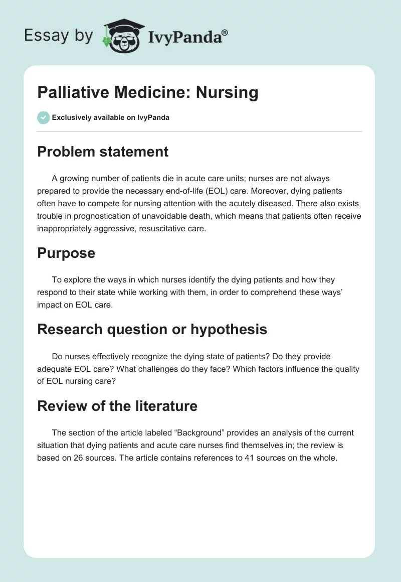 Palliative Medicine: Nursing. Page 1
