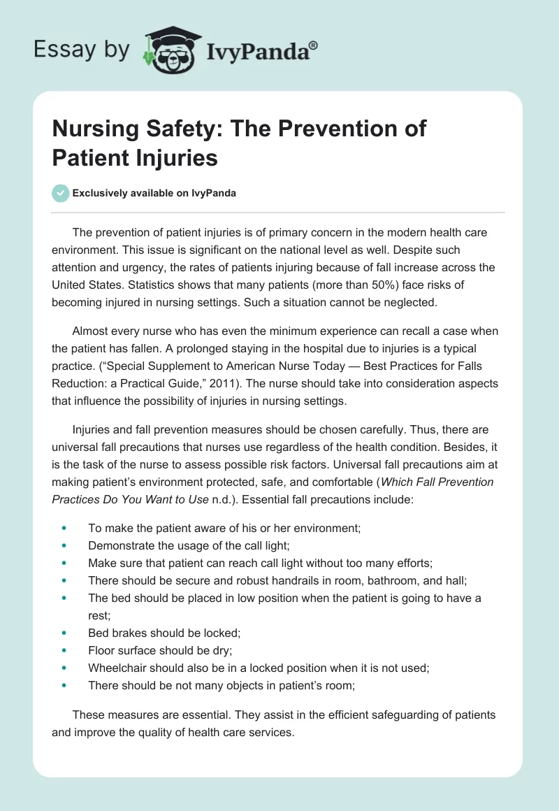 Nursing Safety: The Prevention of Patient Injuries. Page 1