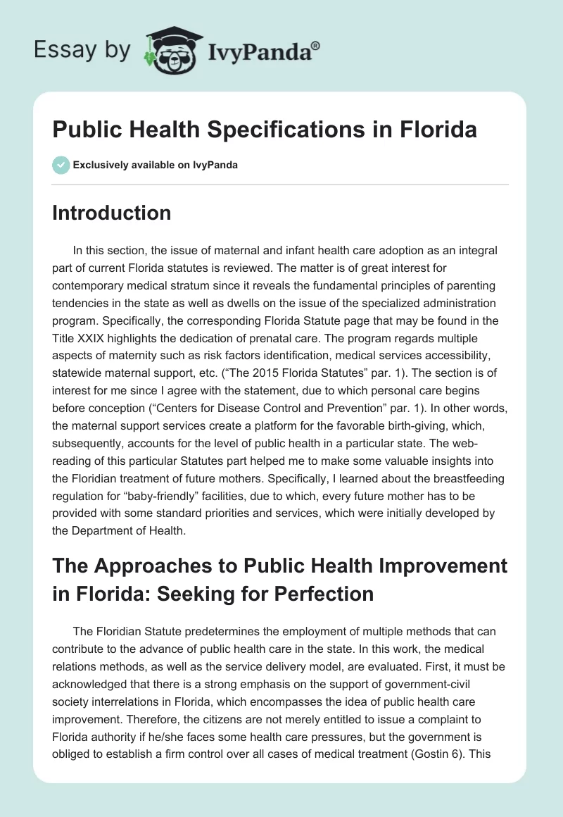Public Health Specifications in Florida. Page 1