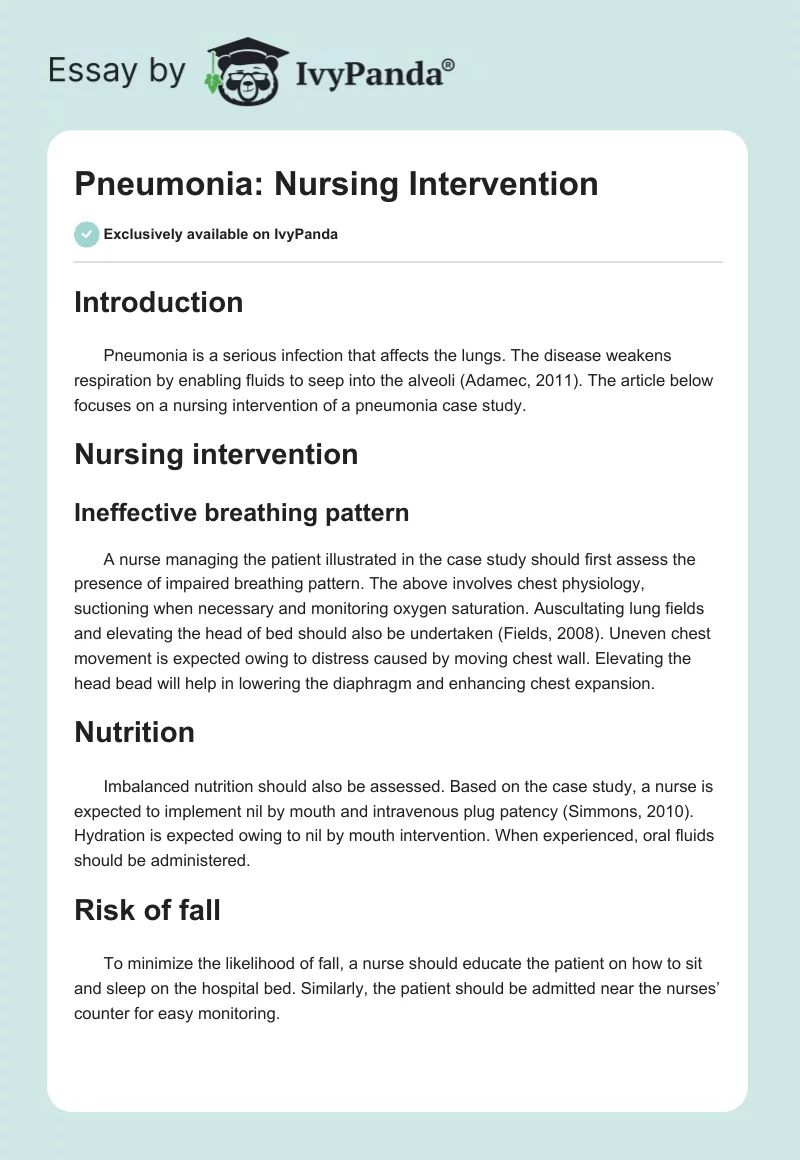 Pneumonia: Nursing Intervention. Page 1