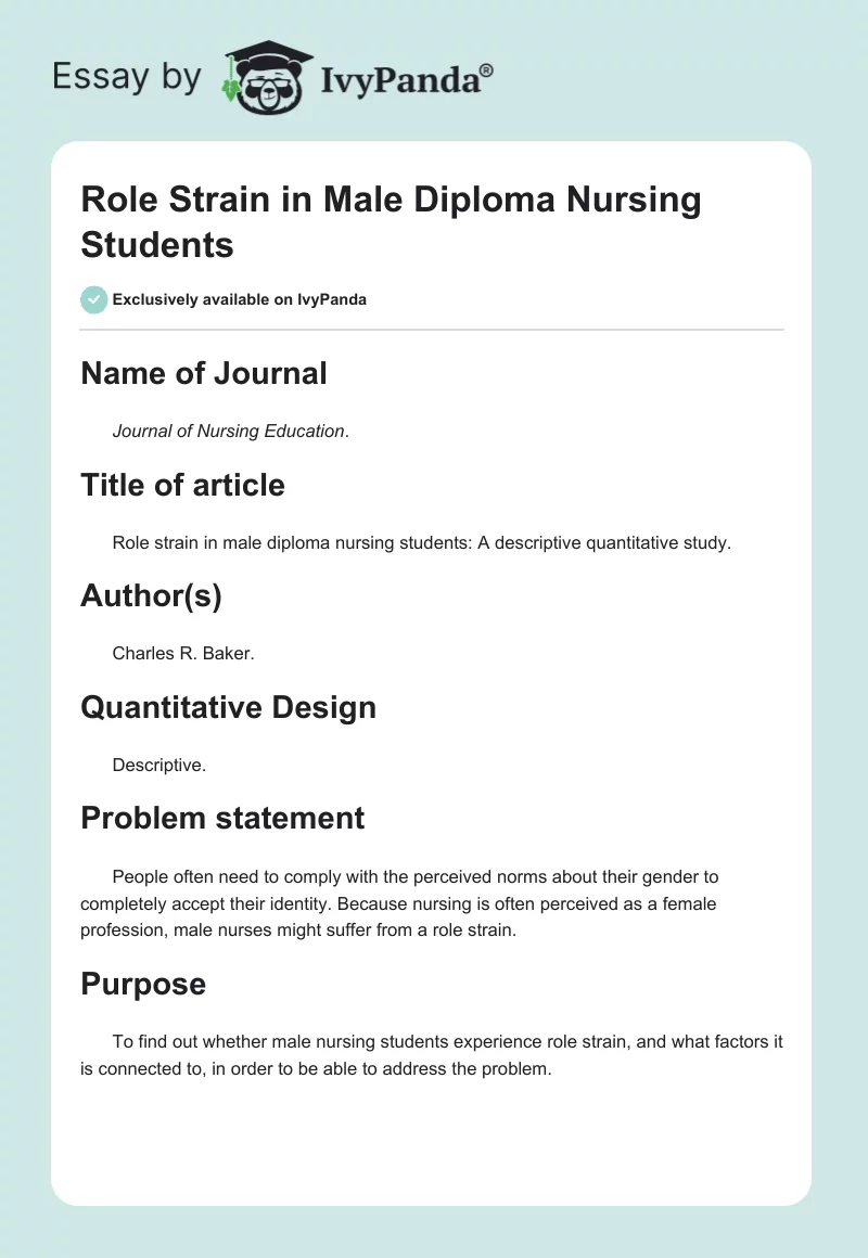 Role Strain in Male Diploma Nursing Students. Page 1