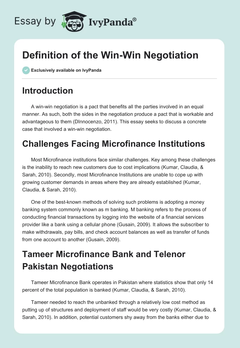 Definition of the Win-Win Negotiation. Page 1