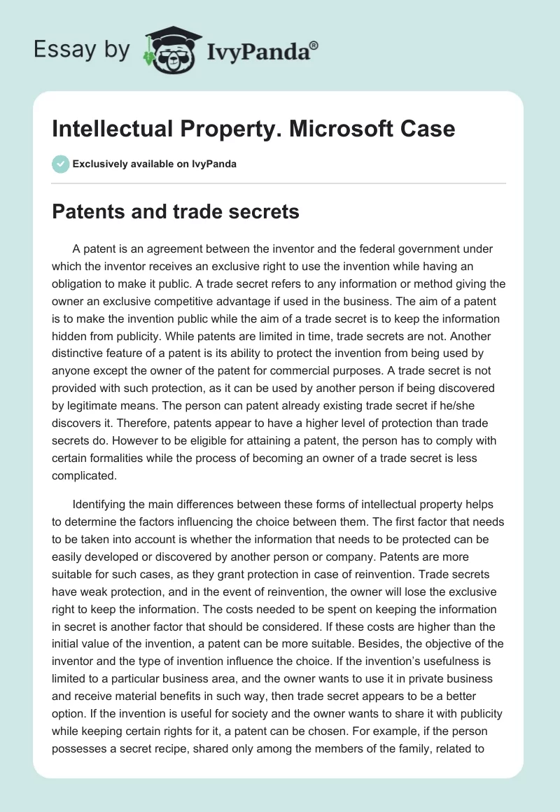 Intellectual Property. Microsoft Case. Page 1