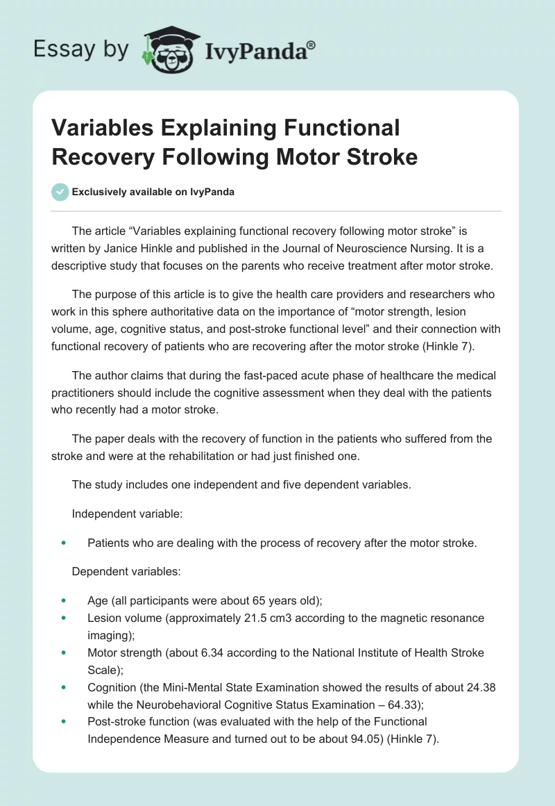 Variables Explaining Functional Recovery Following Motor Stroke. Page 1