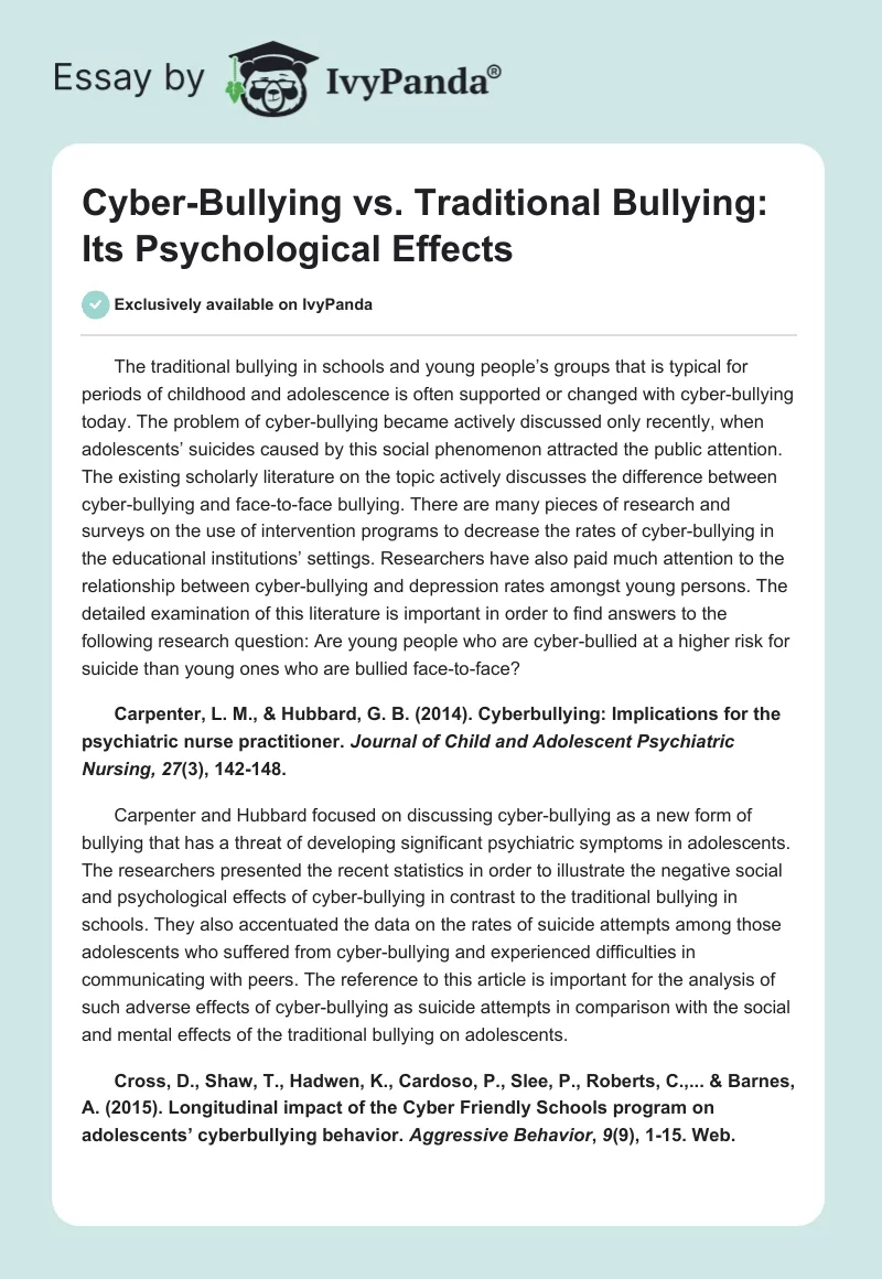 Cyber-Bullying vs. Traditional Bullying: Its Psychological Effects. Page 1