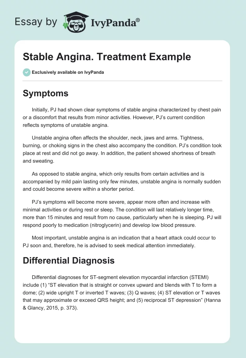 Stable Angina. Treatment Example. Page 1