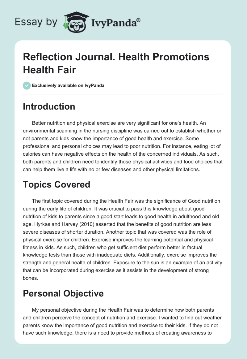 Reflection Journal. Health Promotions Health Fair. Page 1