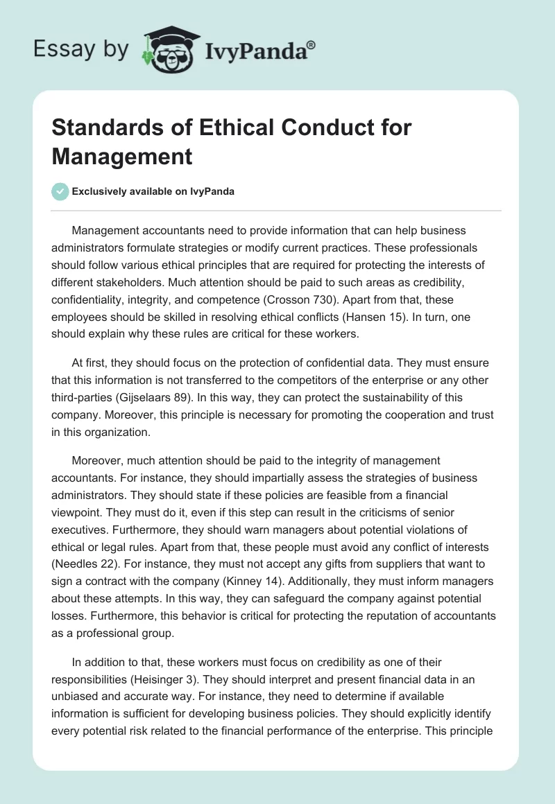 Standards of Ethical Conduct for Management. Page 1