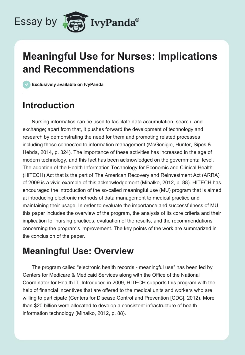 Meaningful Use for Nurses: Implications and Recommendations. Page 1