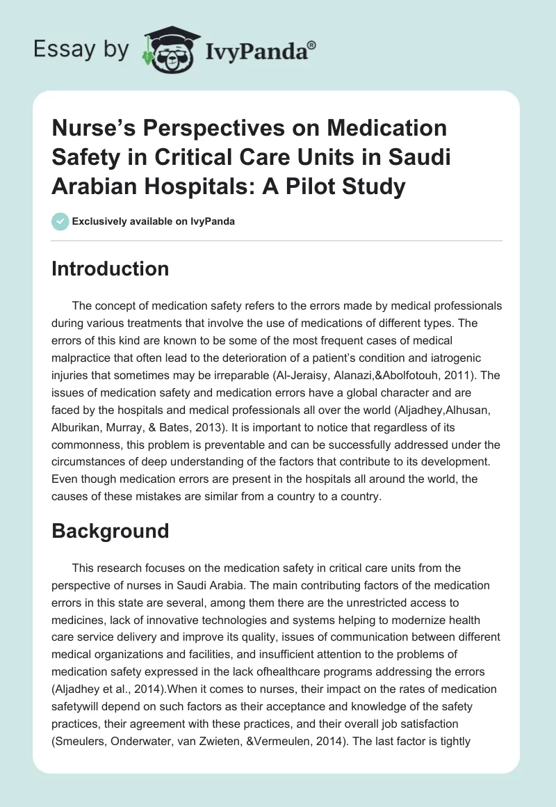Nurse’s Perspectives on Medication Safety in Critical Care Units in Saudi Arabian Hospitals: A Pilot Study. Page 1