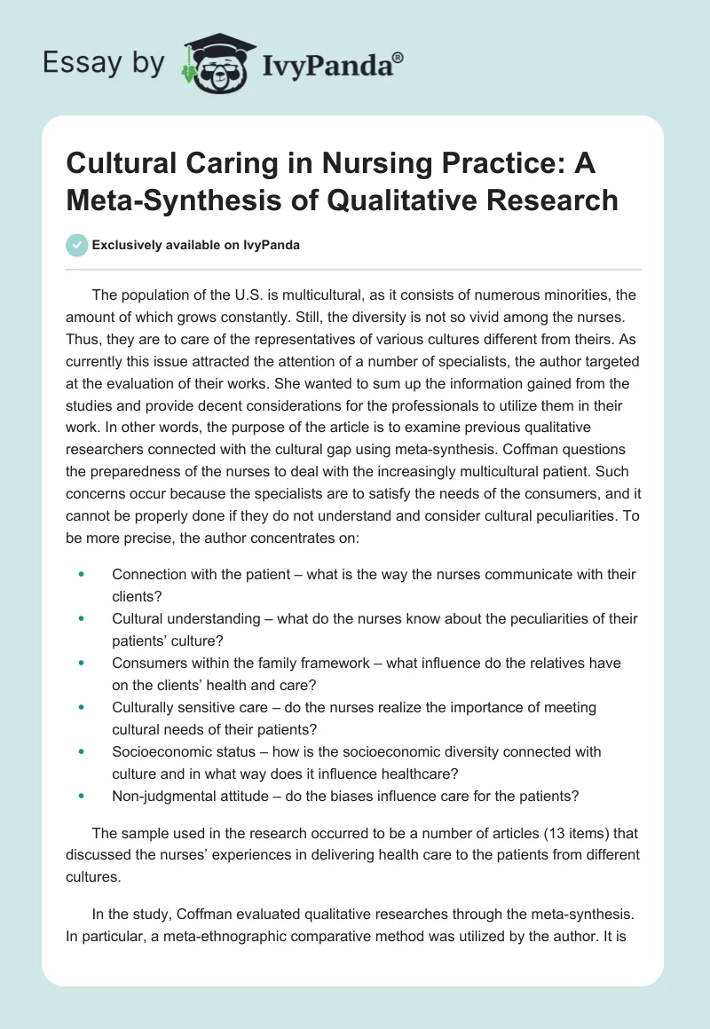 Cultural Caring in Nursing Practice: A Meta-Synthesis of Qualitative Research. Page 1