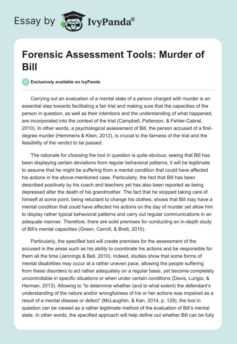 Forensic Assessment Tools: Murder of Bill. Page 1